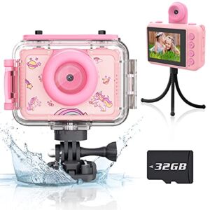 Ziegoal Kids Waterproof Camera Unicorn Christmas Birthday Gifts for Girls Age 3-12 HD Video Children Digital Underwater Toddler Selfie Camera Toys for 4 5 6 7 8 9 10 Year Old Girls with 32G SD Card