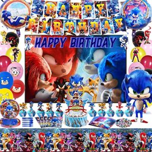 266Pcs Game Birthday Party Supplies,Party Decorations Include Banner, Backdrop, Tableware, Tablecloths, Cake Toppers, Hanging Swir, Balloons, Stickers, So nic Birthday Party Supplies for Kids