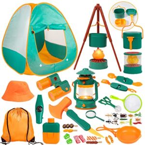 Meland Kids Camping Set with Tent 30pcs – Outdoor Campfire Toy Set for Toddlers Kids Boys Girls – Pretend Play Camp Gear Tools for Birthday Christmas (Green)