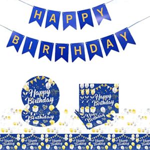 32 pcs Navy Blue Birthday Party Tableware Set decorations , Navy Blue birthday party children’s party supplies including banners, tablecloths, plates and tissue.