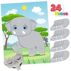 24 pieces Pin the Nose on the Elephant Party Game with a poster of 71 x 53 cm, 1 blindfold for Safari Animal Party Favors & Decorations Kids Birthday Party Supplies
