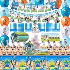 113Pcs Cartoon Blue Dog Birthday Party Supplies Includes Banners,Tablecloths,Cake Toppers,Cupcake Toppers,Plates,Cutlery,Balloons,Invitations,Hanging Birthday Decorations for Kids Boys and Girls