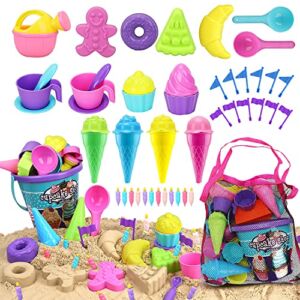 TOY Life Beach Toys for Kids 3-10, Ice Cream Sand Toys for Kids Toddlers Sandbox Toys with Beach Bucket, Sand Shovels, Sand Cupcake Dessert Ice Cream Molds, Mesh Bag, Travel Beach Sand Toys for Girls