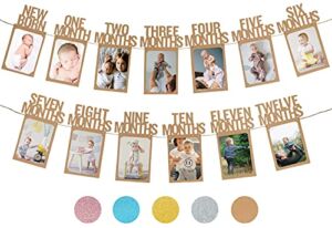PartyHooman 1st Birthday Photo Banner for Baby from Newborn to 12 Months, First Birthday Decorations Boy or Girl Monthly Milestones Garland | First Birthday Photo Banner Pre-strung with Frame (Kraft)
