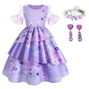 Encanto Mirabel Costume for Girls Cosplay Isabella Outfit Princess Halloween Dress Up With Earrings(130（5-6Years）, Isabela B)