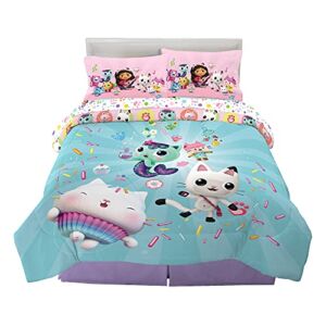 DreamWorks Gabby’s Dollhouse Cakey, MerCat And Pandy Kids Bedding Super Soft Comforter And Sheet Set, 5 Piece Full Size, By Franco.
