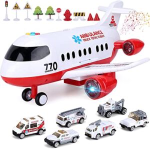 Airplane Toy Kids Plane 15 Inches Large with Light and Sound for 3 4 5 6 7 Year Old Boys Girls Toddlers, Ambulance Aircraft Toy Vehicle Play Set with Traffic Signs and 6 Rescue Trucks