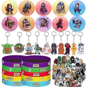VIUSHE Star Theme Wars Birthday Party Favors Supplies Set Include Button Pins, Key Chains, Silicone Bracelets Stickers