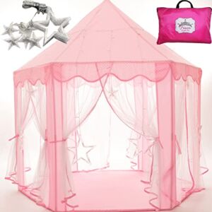 Princess Castle Tent with Large Star Lights String, Durable Kids Playhouse for Indoor & Outdoor Games, Stimulate Pretend and Imaginative Play, Have Fun, Encourage Social Interaction, Cute Pink