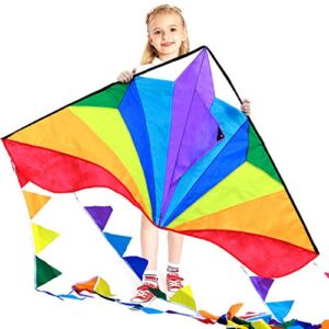 Large Delta Kite for Kids & Adults,Extremely Easy to Fly Kite for Beach Trip,String Line Included,with Colorful Colors Tail ,Perfect for Beginners,