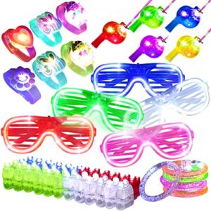 Simnuply 70 Pcs Glow in the Dark Christmas Party Supplies, Led Light Up Party Favors with Finger Lights, Light Up Glasses, Glow Bracelets, and Light Up Toys for Neon Halloween New Year Birthday Party