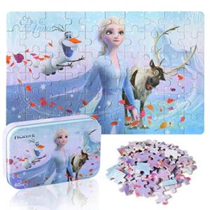LELEMON Disney Puzzles for Kids Ages 4-8,Frozen Elsa 60 Piece Puzzle for Kids in a Metal Box,Kids Jigsaw Puzzles Ages 4-8,Educational Kids Puzzle Game for Boys and Girls Authorized by Disney