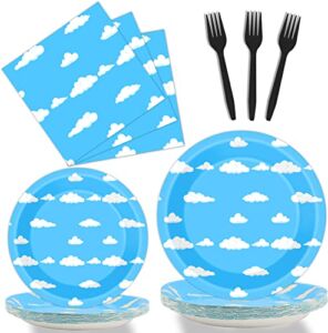 96 Pcs Blue Sky White Clouds Birthday Party Supplies Cartoon Story Tableware Plates Napkins Baby Shower Party Supplies Cute Clouds Paper Party Decorations Favors