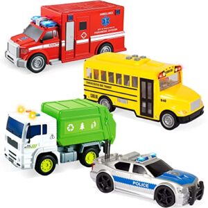 JOYIN 4 Pcs 7″ Long Vehicle Toy Set, Toddlers Cars with Lights and Siren Sound, Including Play Police Car, School Bus, Toy Garbage Truck, Ambulance Toy, Birthday Party Gifts Toys for Boys 3-5
