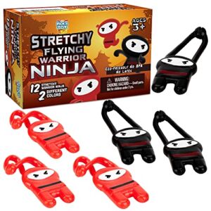 PICK A TOY Stretchy Flying Ninjas [12-Pieces] | Elastic Slingshot Ninja Toys for Boys & Girls | Great Birthday Gift & Party Favors Idea | Red & Black Colors | Eco-Friendly, BPA-Free Materials