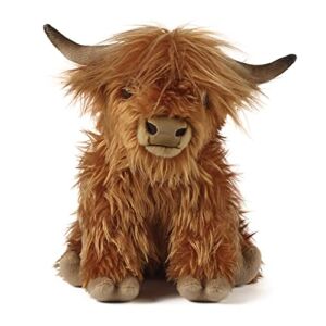 Living Nature Brown Highland Cow with Mooing Sound, Realistic Soft Cuddly Farm Toy, Naturli Eco-Friendly Plush, 9 Inches