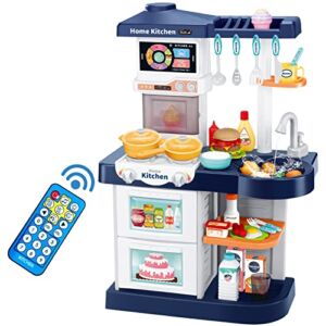 HCFJEH Kids Play Kitchen Toy Playset, Toddler Kitchen Toy Accessories Set w/ Remote Control, Real Sounds & Light, Play Sink & Pretend Steam, Birthday for Boy Girl 3 4 5 6 7 8 Year Old