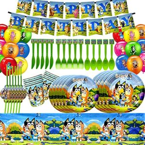 Cartoon Blue Dog Party Supplies Set & Tableware kit – Blue Dog Birthday Party Decorations – Includes Banner, Table cover, Plates, Paper cups, Straws, Fork, Spoon, Knives, Balloons.