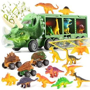 Dinosaur Toy Trucks for Kids – 28 Pack Dinosaur Toys Pull Back Cars Set with Flashing Lights, Music,Roaring Sound,Dinosaur Car with Cars Launcher Track for Boys Girls Age 3 4 5 6 7 8 Year Old (Green)