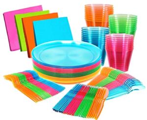 Glow Neon Party Supplies – Serves 32, Hard Plastic Disposable Neon Party Plates, Napkins, Cups Tumblers, Cutlery Forks Knives Spoons, Glow in the Dark Neon Party Fiesta Plates Encanto Birthday Party