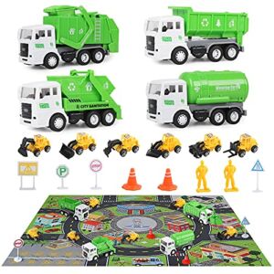 FIVEDAOGANG Small Garbage Truck Toy, 4 pcs Friction Powered Trash Truck Toys with Kids Playmat Car Rug, 8 pcs Roadblock Signpost, 6 pcs Mini Construction Toys, Gifts for 3+ Years Old Kids