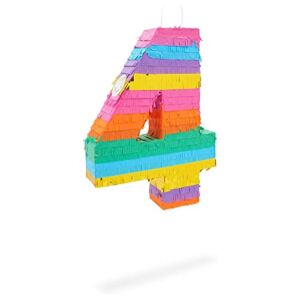 Small Rainbow Number 4 Pinata for 4th Birthday Party, Fiesta Decorations (11.9 x 16.5 x 3 In)