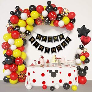 Cartoon Mouse Balloons Arch Garland Kit for Mouse Theme Birthday Decorations, Black Red Yellow Foil Balloons Happy Birthday Banner for Mouse 1st 2nd Birthday Party Supplies Baby Shower Decor