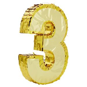Gold Foil Number 3 Pinata for 3rd Birthday Party Decorations, Centerpieces, Anniversary Celebrations (Small, 15.5 x 10.5 x 3 In)