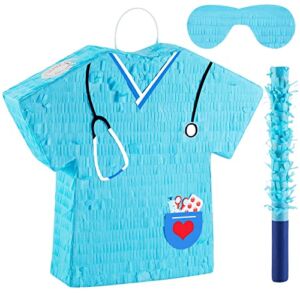 14.1 Inch Nurse Pinata Bundle with Blindfold, Bat and Confetti, Blue Nurse Party Pinata, Nurse Party Favor, Pinatas for Christmas Gift RN Themed Birthday Party Nursing School Party Supply