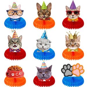 Set of 9 Cat Themed Honeycomb Centerpieces Cat Happy Birthday Party Decorations Supplies Cat Face Table Decoration Meow Happy Birthday Theme Favor Decor Pet Kitten Paw Table Toppers Photo Booth Props