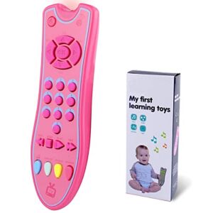APSUAE Baby TV Remote Control Toy with Sound Light Realistic Learning and Education Toys with English Spanish and French Toddler Musical Toy and Gifts for Girls Boys (Pink)