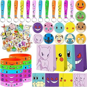 Natablue 98Pcs Cartoon Birthday Party Supplies Favors Set Include 12 Button Pins, 12 Key Chains, 12 Bracelets,50 Stickers and 12 Gift Bags for Kids Themed Poballl Party Supplies