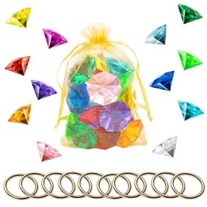 PANTIDE 35Pcs Acrylic Diamond Gems Jewels Alloy Gold Round Ring Set The Blue Hedgehog Chaos Emeralds Power Rings Party Favor Supplies Cake Decoration Pirate Treasure Chest Hunt for Kids with Bag