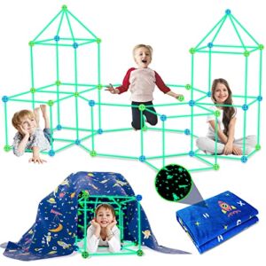 160PCS Kids Fort Building Kit Glow in the Dark Build a Fort with Blanket STEM Educational Toys for 4 5 6 7 8 9 10 11 12 Years Boys Girls Ultimate Construction Gift DIY Forts Builder Set Indoor Outdoor