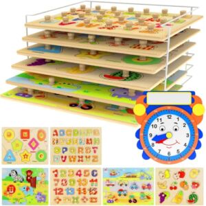 Premium Wooden Toddler Puzzles and Rack Set – (6 Pack) with Storage Holder Rack and Learning Clock – Kids Educational Preschool Peg Puzzles for Children Babies Boys Girls – Alphabet Numbers Zoo Cars