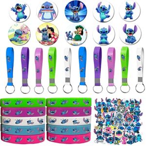 80 Pack Stitch Birthday Party Favors, Party Supplies Set Includes 10 Key Chains, 10 Button Pins, 50 Stickers, Perfect for Birthday Party Rewards Prize Gifts