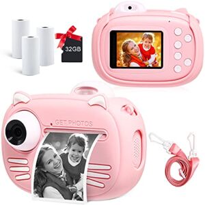 Instant Camera for Kids Camera for Girls 40MP Kids Digital Camera, 2.4″ Screen Toddler Camera Kids Selfie Video Camera Children Toy Camera for Kids 3 4 5 6 7 8-10 12, Print Paper and 32G TF Card, Pink