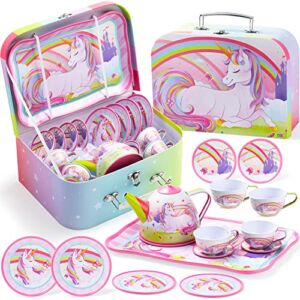 JOYIN 15 Pcs Unicorn Tea Set for Little Girls, Princess Tea Party Play Toy, Including Teapot, Cups, Small Plates, Big Plate & Carrying Case, Fun Kitchen Pretend Play for Girls, Kids Toys Gifts