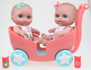 Lil Cutesies TWIN 8.5″ All Vinyl Dolls and Stroller Set | Posable and Washable | Removable Outfits |Twin Stroller and Accessory | JC Toys | Ages 2+ , Green
