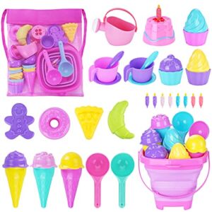 TSDATOWR Ice Cream Beach Toys Sand Toys Set for Kids, Collapsible Sand Bucket and Shovels Set with Mesh Bag, Sand Molds, Watering Can, Sandbox Toys for Kids and Toddlers, Travel Sand Toys for Beach