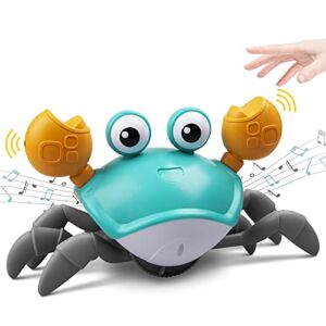 Crawling Crab Baby Toy with Music and LED Light Up for Kids, Toddler Interactive Learning Development Toy with Automatically Avoid Obstacles, Build in Rechargeable Battery (Green)