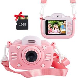MINIBEAR Kids Digital Camera for Toddler Girls Toy Camera Kids Video Camera, Children Selfie Camera 2.4 Inch IPS Screen Mini Kids Camcorder Video Recorder with 16GB SD Card – Pink