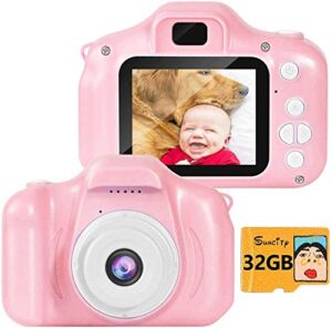 SUNCITY Kids Digital Camera, Christmas Birthday Gifts for Boys Age 3-9, HD Digital Video Cameras for Toddler, Portable Toy for 3 4 5 6 7 8 Year Old Boy with 32GB SD Card-Pink
