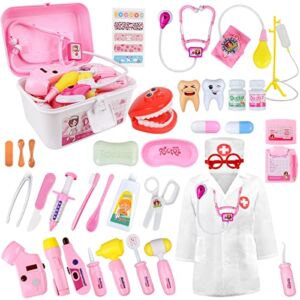 Loyo Medical Kit for Kids – 38 Pieces Doctor Pretend Play Equipment, Dentist Kit for Kids, Doctor Play Set with Gift Case (Pink)