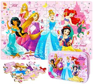 NEILDEN Disney Princess Jigsaw Puzzles for Kids Ages 4-8,60 Pieces Packed in Tin Box,Learning Educational Puzzles for Children Girls and Boys,Puzzle Size:9.2″X5.9″