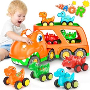 Aoskie Dinosaur Toys for 1 2 3 Year Old Boys Girls, Cars for Toddlers 1-3 with 4 Pull Back Vehicles, Transport Carrier Truck with Lights and Sounds , Gifts Toddlers Toys Age 1-2 2-4