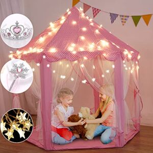 TTLOJ Kids New Year Gift Play Tent with Star Lights Crown & Wand, for Girls Boys, Princess Castle Toy Tent, Large Playhouse Toys for Girl Toddler Children Play House, Teepee Tent Indoor Outdoor