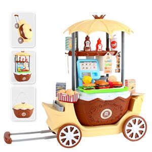 Hamburger Shop Kitchen Playset for Kids 59 PCS Fast Food Cart Pretend Play Toys 4 in 1 Portable Trolley Case with Wheels Cash Register Educational Toy Gift for 3 4 5 6 7 Year Toddlers Boys Girls