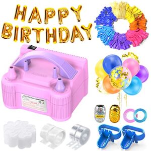 Balloon Pump Set, AUZEEG Electric Balloon Pump, Air Pump for Different Color Balloons, HAPPY BIRTHDAY Balloons, Flower Clips, Colored Ribbon and Tying Tools for Party Wedding Festival, Tender Pink