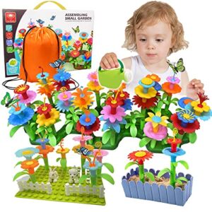 Flower Garden Building Toys for Girls – 156 Pcs Build a Garden Kids Gardening Pretend Playset Preschool Educational STEM Toys Toddlers Stacking Toys 3 4 5 6 Years Old Birthday Gift with Storage Bag